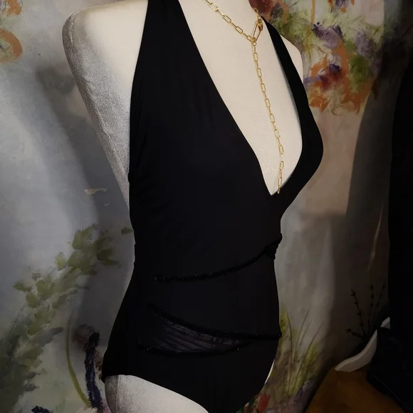 Gottex One Piece Halter with Velvet and Pleated Panel Detail - Picture 3 of 5